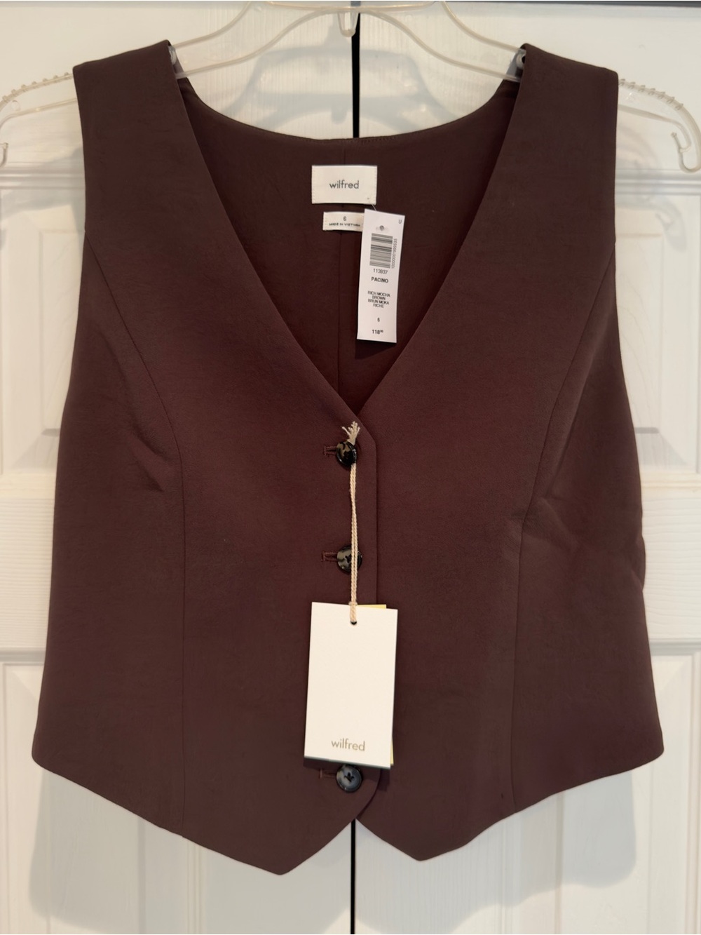 Aritzia Wilfred Pacino Vest - Rich Mocha Brown - V-Neck Button Front Vest